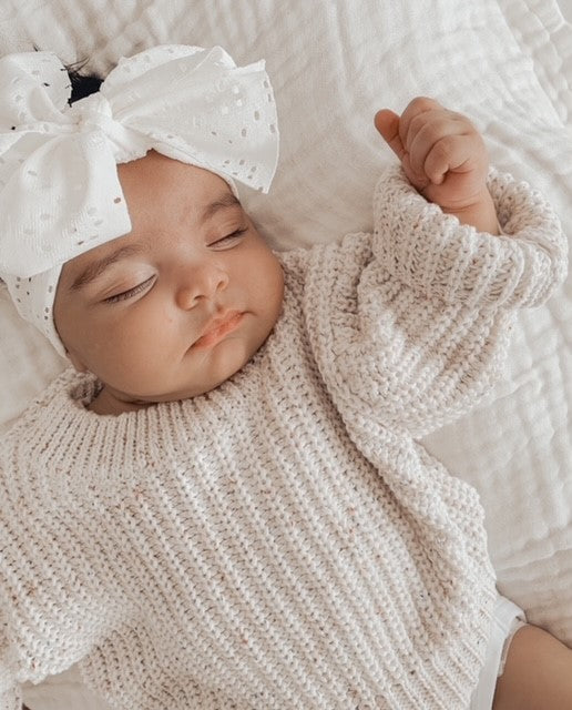 baby knit jumper with bibs dummy, lace frill baby girl socks, knot baby toddler headband and moon dummy chain