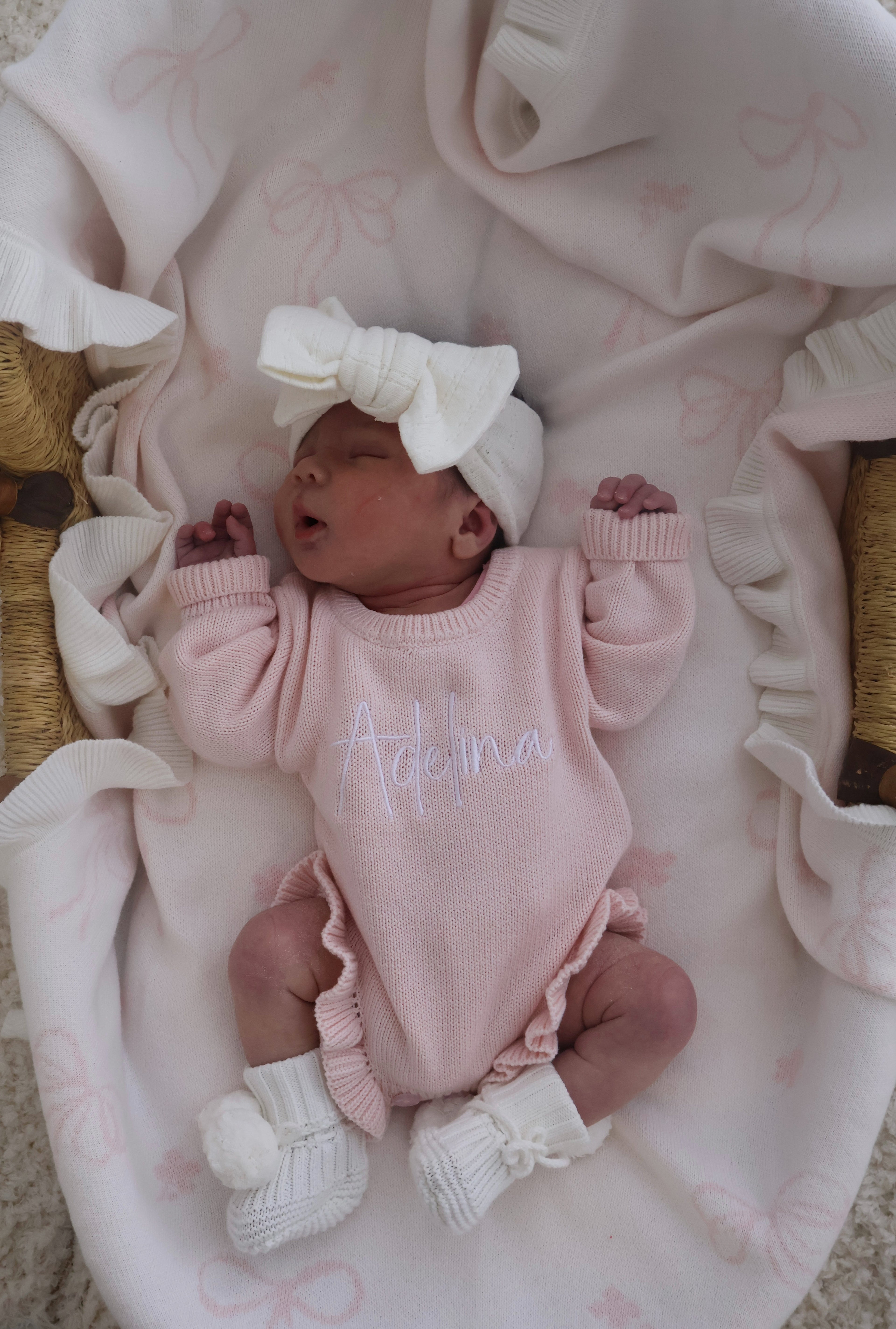 CLASSIC BIRTH ANNOUNCEMENT FRILL ROMPER - BABY PINK