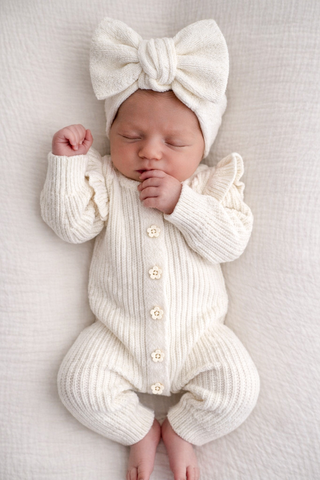 Textured flutter cotton long newborn baby girl romper in snow — Petite + Co