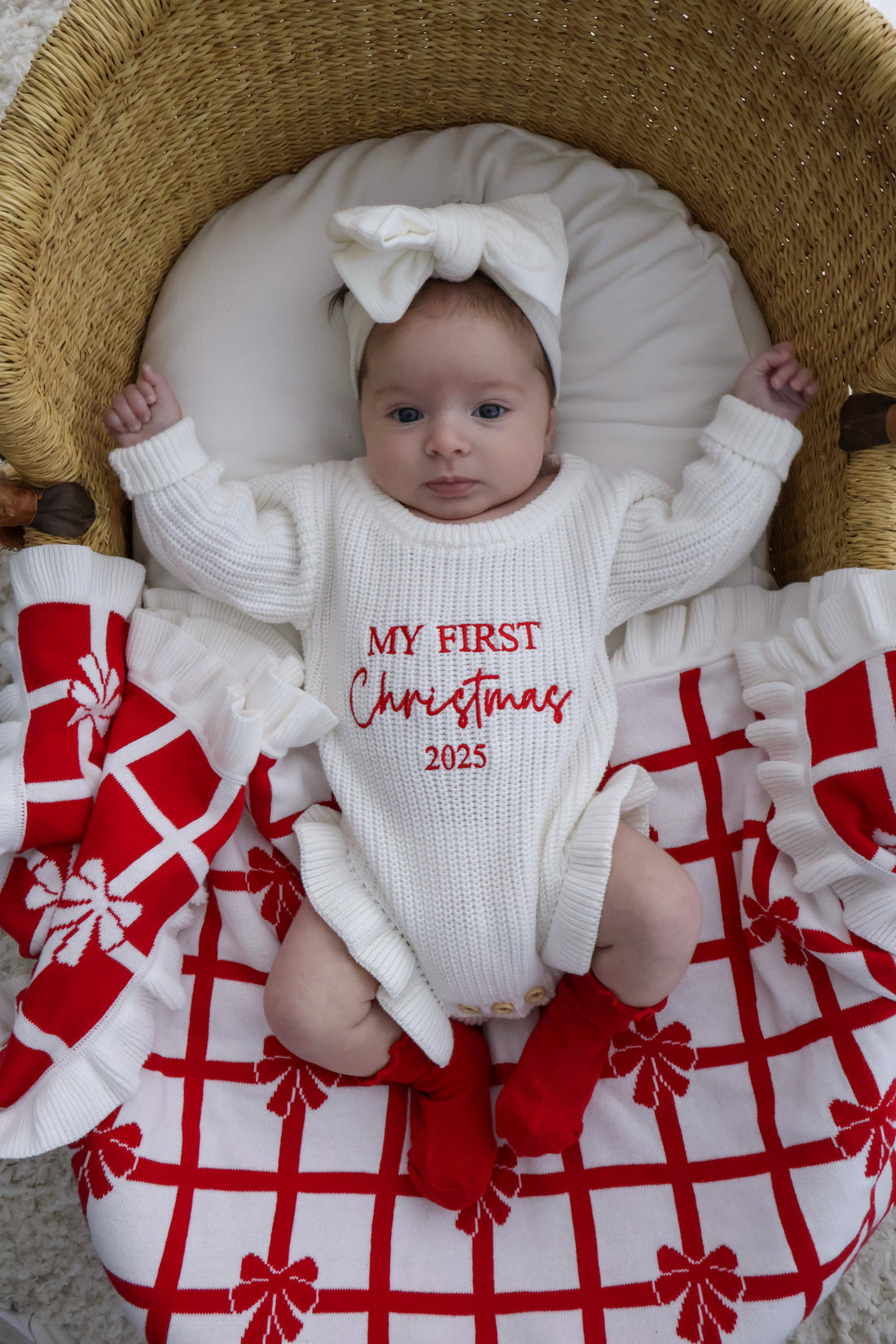 FRILL CHECK BOW BLANKET| RED + MILK | REVERSIBLE