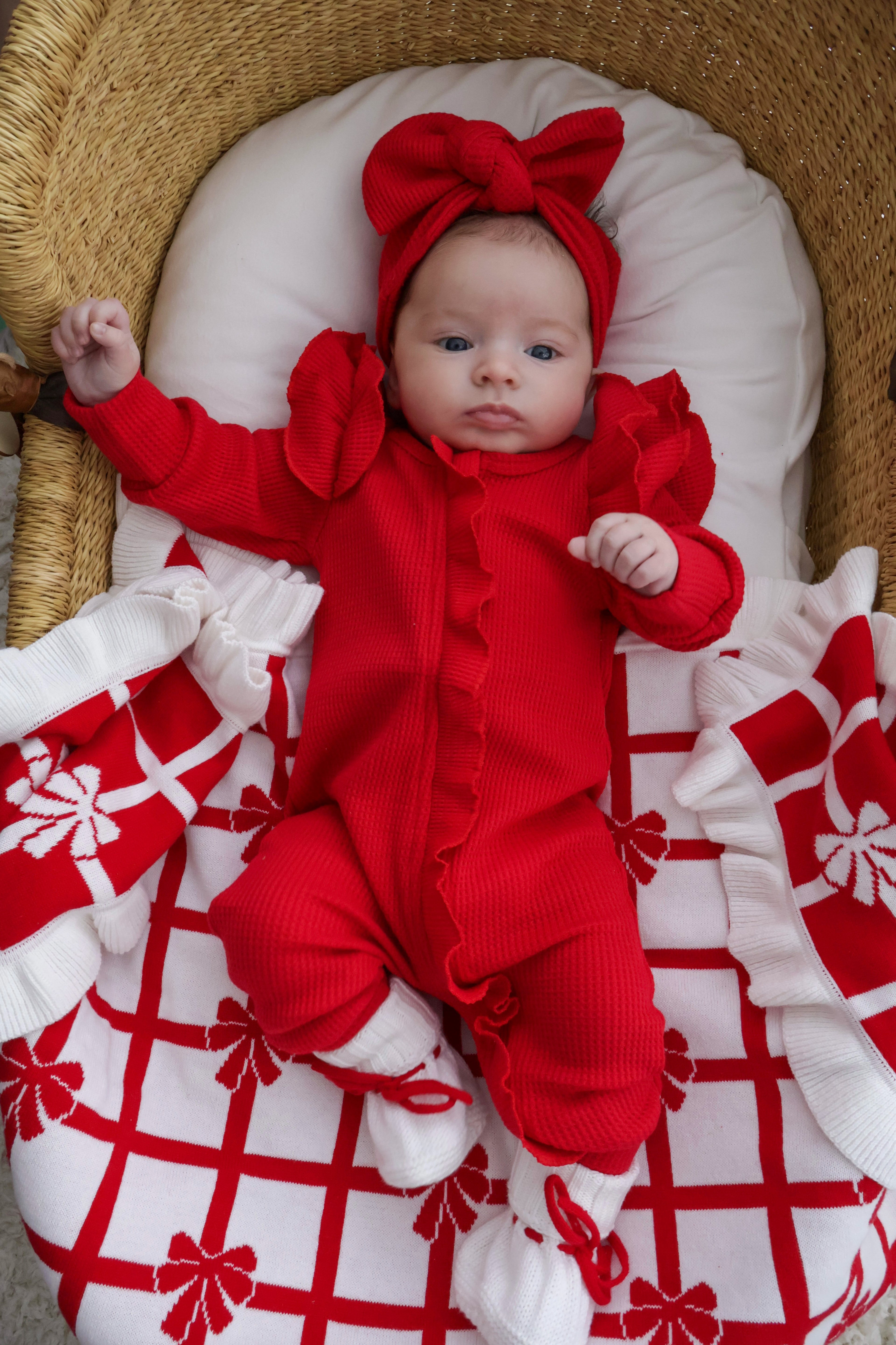 FRILL CHECK BOW BLANKET| RED + MILK | REVERSIBLE
