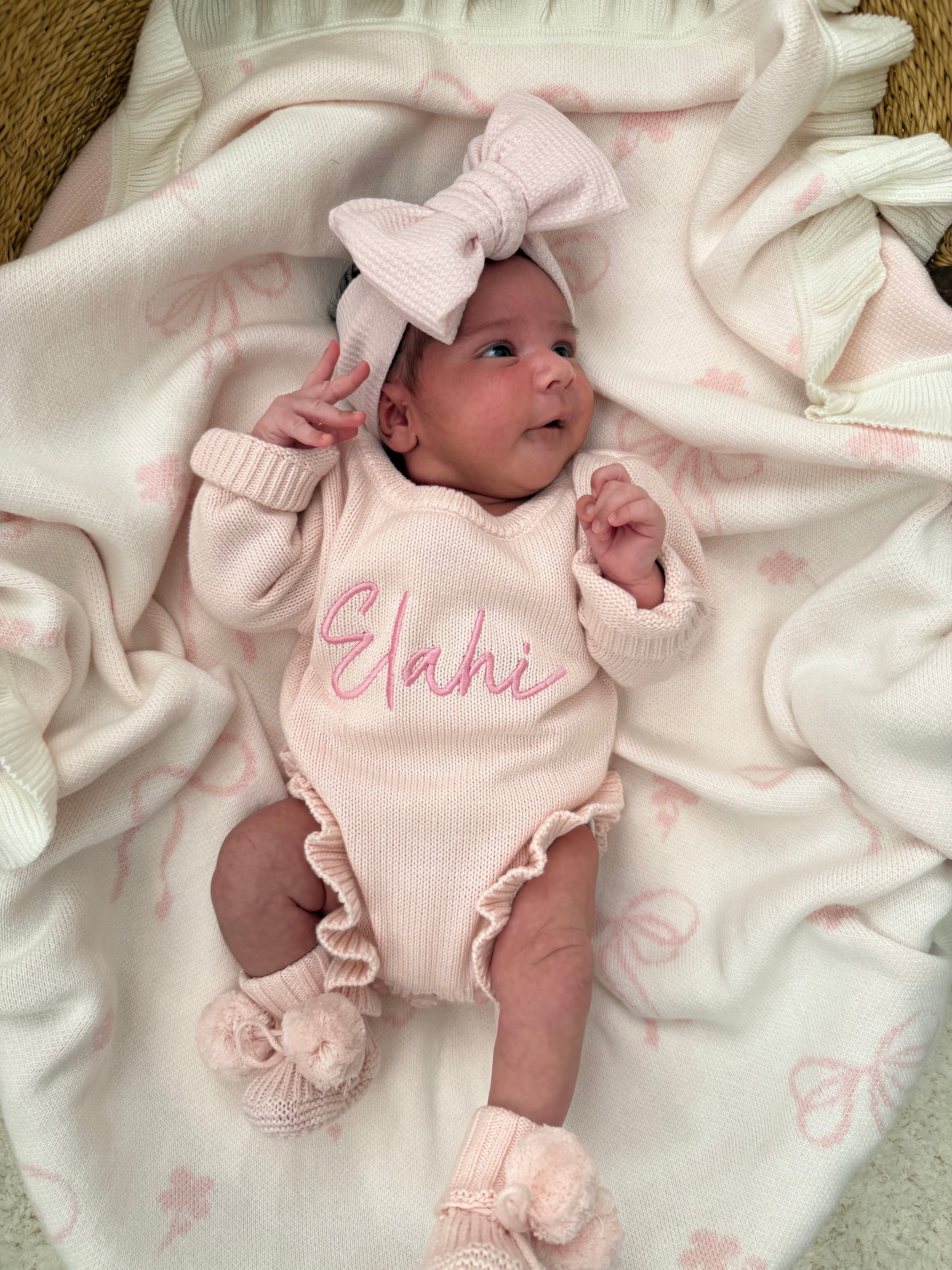 CLASSIC BIRTH ANNOUNCEMENT FRILL ROMPER - BABY PINK