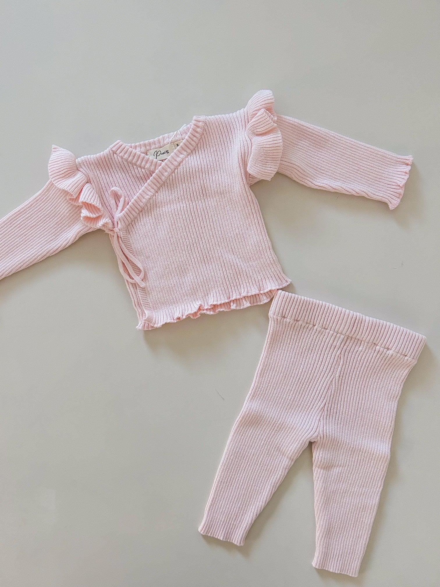 RIBBED RUFFLE KIMONO SET | PINK