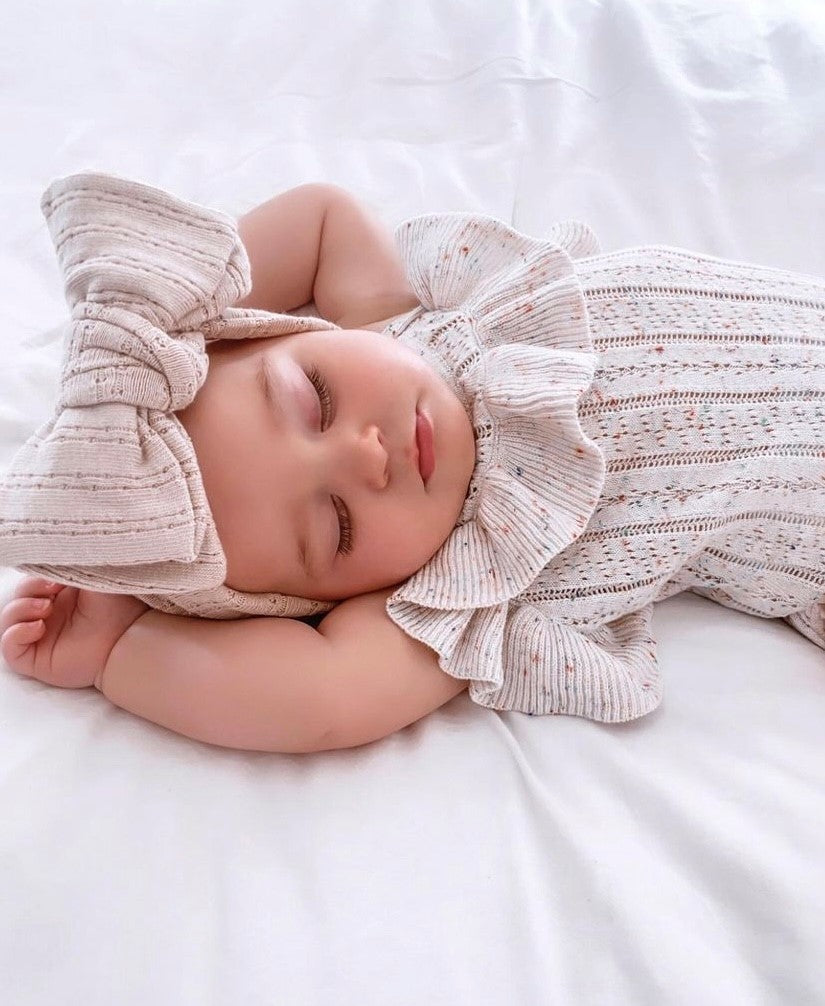 POINTELLE TOPKNOT BOW HEADBAND - TAUPE