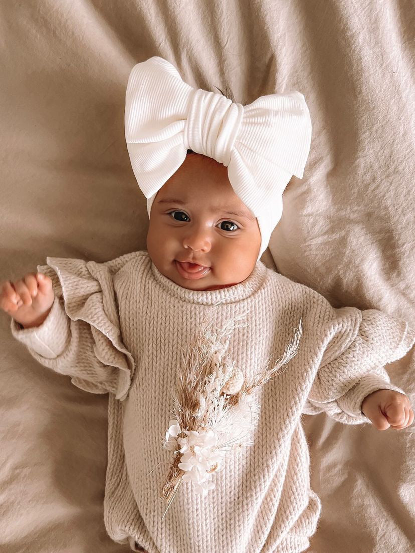 OVERSIZED RIBBED COTTON TOPKNOT BOW HEADBAND - WARM WHITE