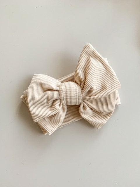 OVERSIZED RIBBED COTTON TOPKNOT BOW HEADBAND - BEIGE
