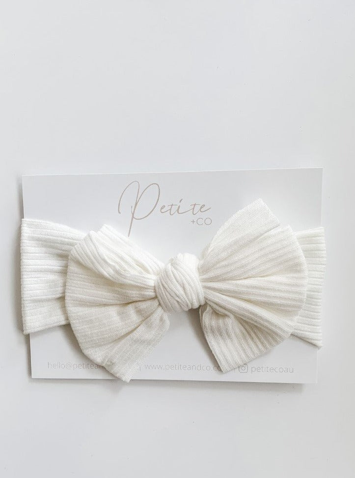 white baby bow newborn headband ribbed