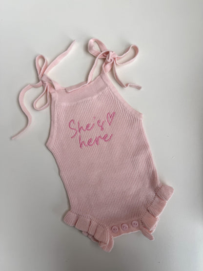 THIN RIB FRILL ROMPER - BABY PINK