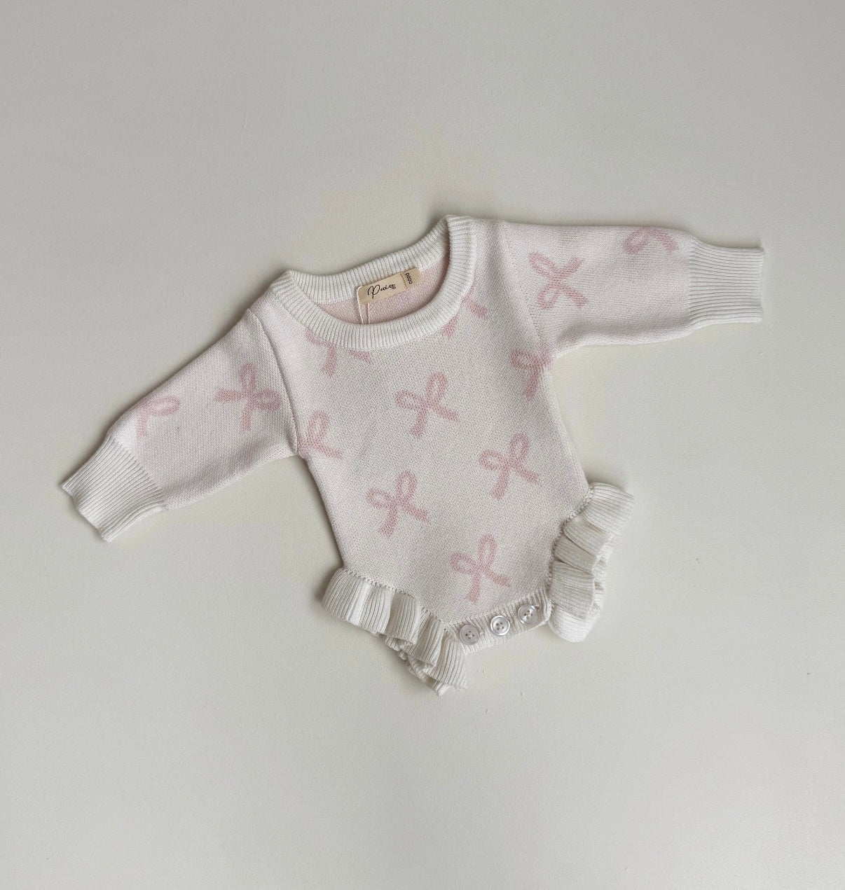 FRILL ROMPER | MILK + BABY PINK BOWS