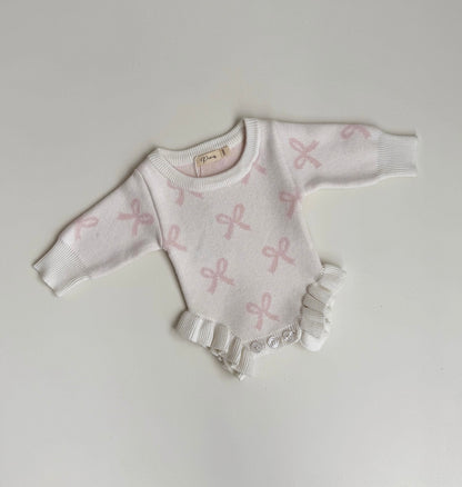FRILL ROMPER | MILK + BABY PINK BOWS