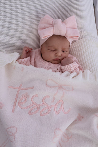FLORAL BOW BLANKET | MILK + BABY PINK