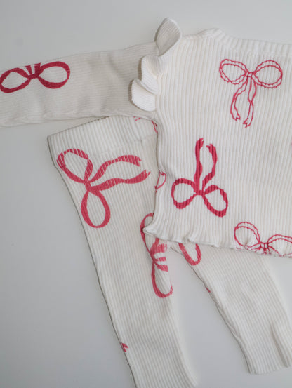 RIBBED RUFFLE KIMONO SET | ROSE RED BOWS