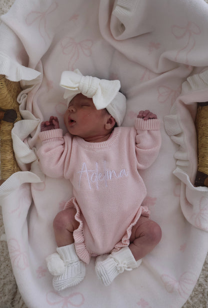 CLASSIC BIRTH ANNOUNCEMENT FRILL ROMPER - BABY PINK