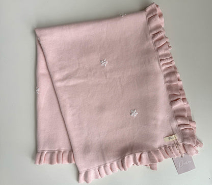 FLOWER EMBROIDERED FRILL BLANKET - BABY PINK