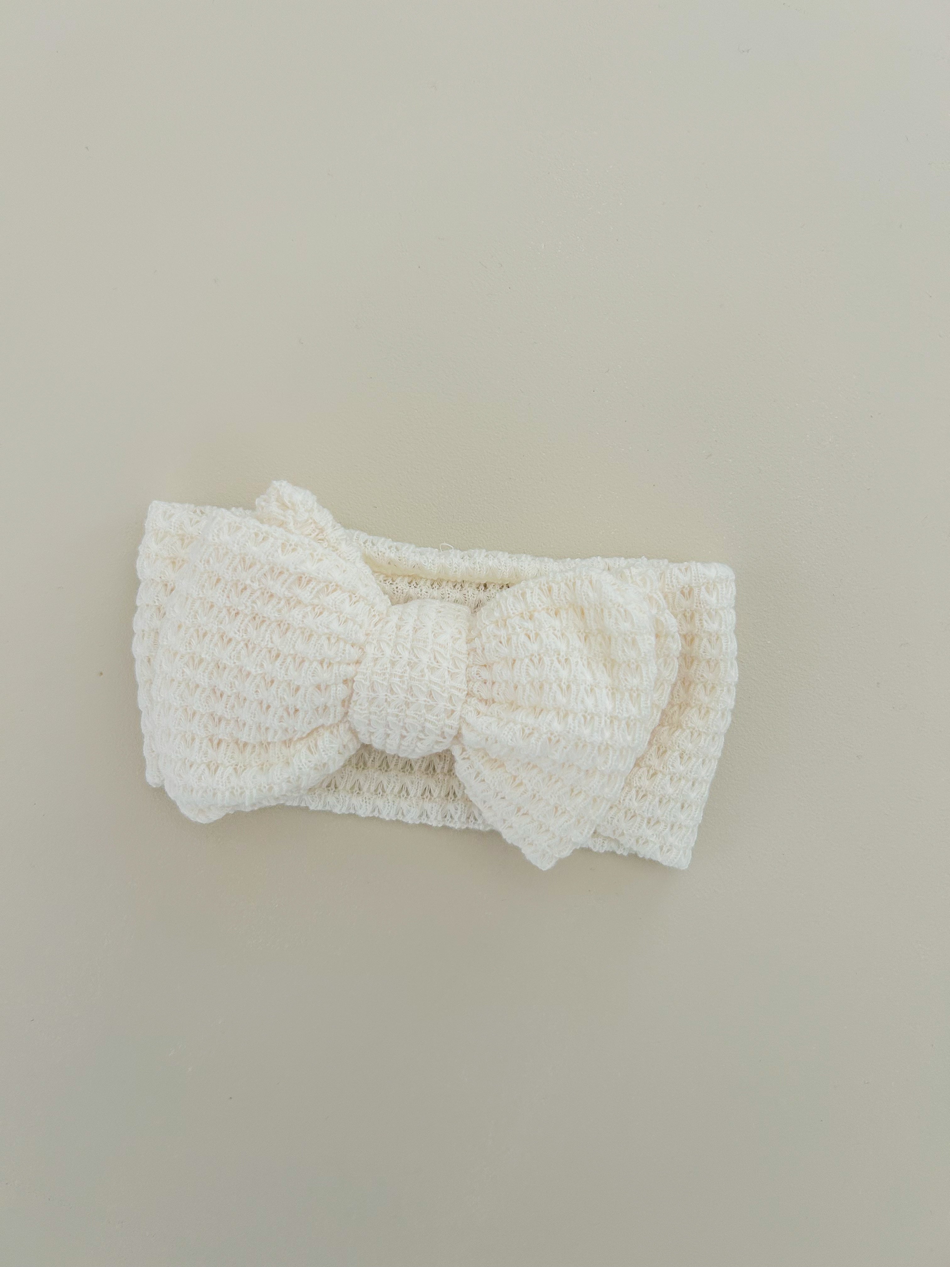 ELISSA WAFFLE KNIT BOW HEADBAND - IVORY