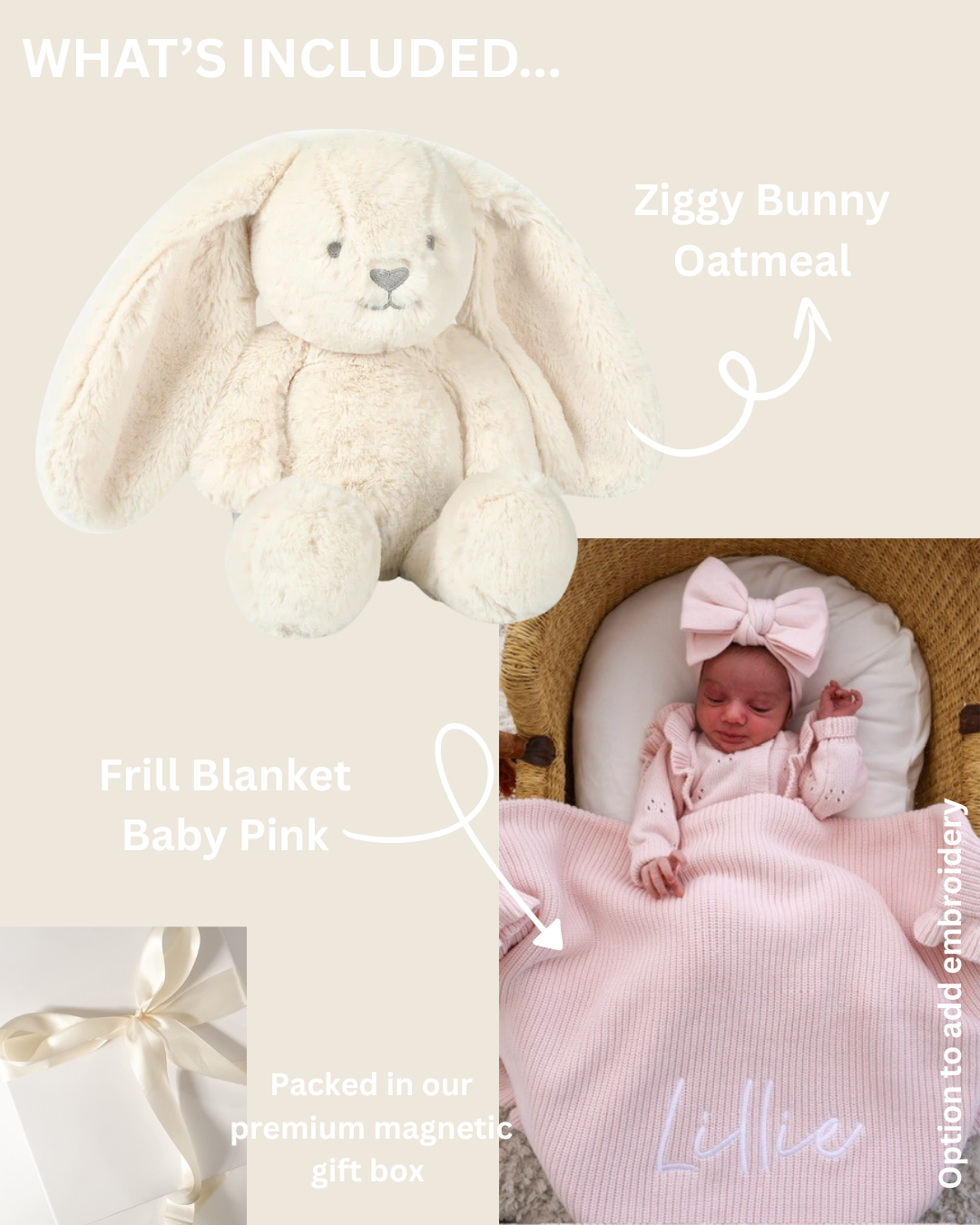 BABY PINK FRILL BLANKET + OATMEAL BUNNY GIFT BOX