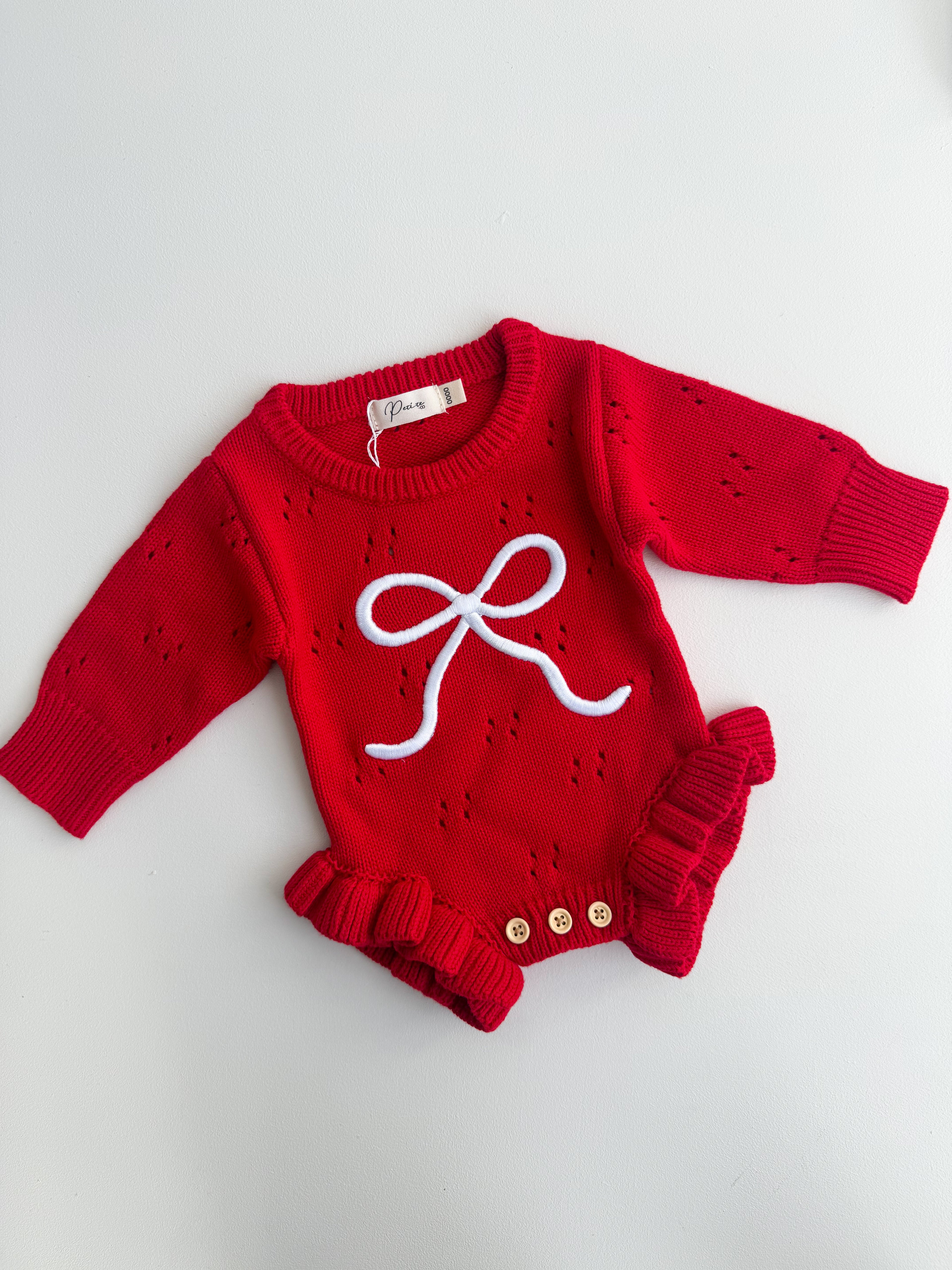 POINTELLE BOW FRILL ROMPER | RED