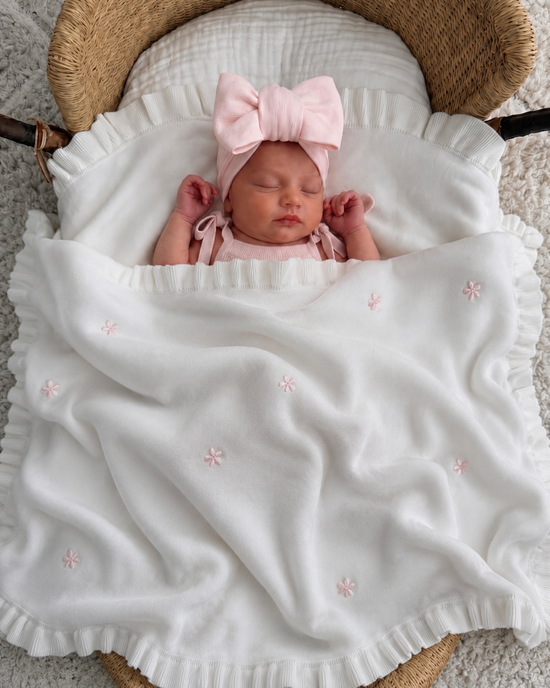 FLOWER EMBROIDERED FRILL BLANKET - MILK