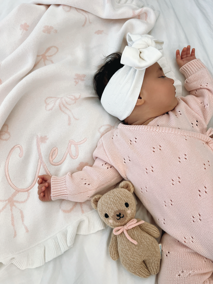 FLORAL BOW BLANKET | MILK + BABY PINK