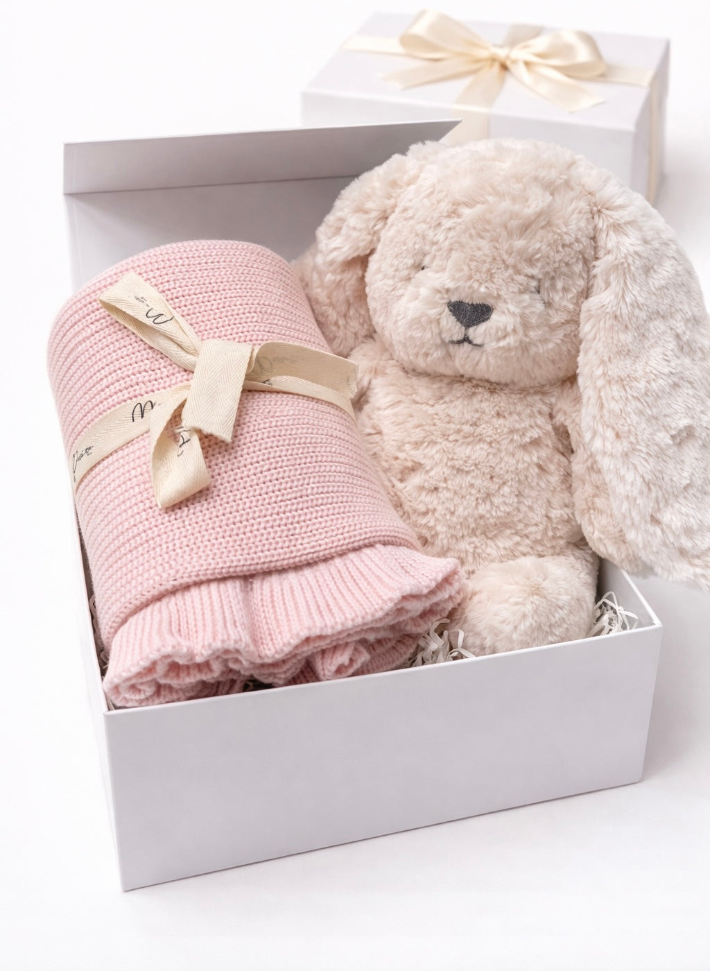 BABY PINK FRILL BLANKET + OATMEAL BUNNY GIFT BOX