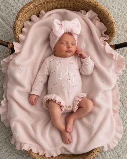 FLOWER EMBROIDERED FRILL BLANKET - BABY PINK