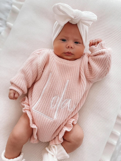 RIBBED LEG FRILL ROMPER - BABY PINK