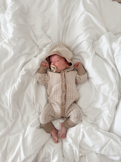HOUNDSTOOTH HOODED BUTTON ROMPER