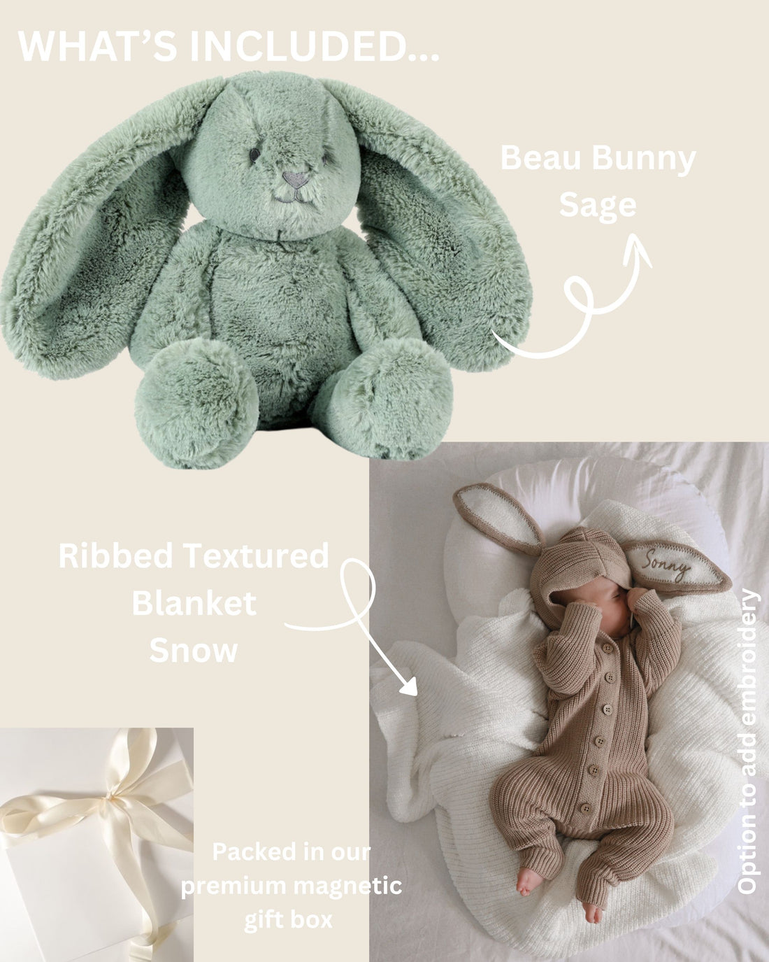 TEXTURED RIBBED BLANKET SNOW + SAGE BUNNY GIFT BOX