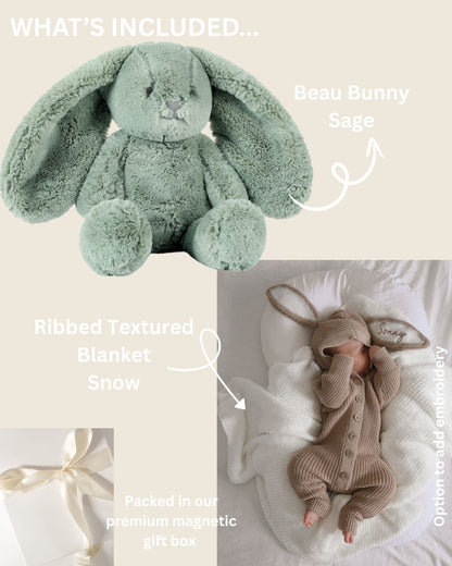 TEXTURED RIBBED BLANKET SNOW + SAGE BUNNY GIFT BOX