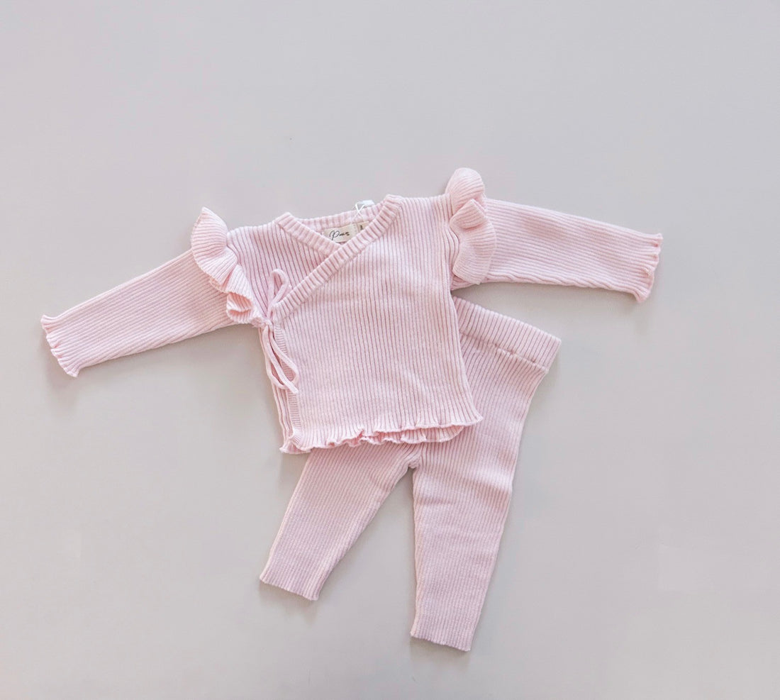 RIBBED RUFFLE KIMONO SET | PINK