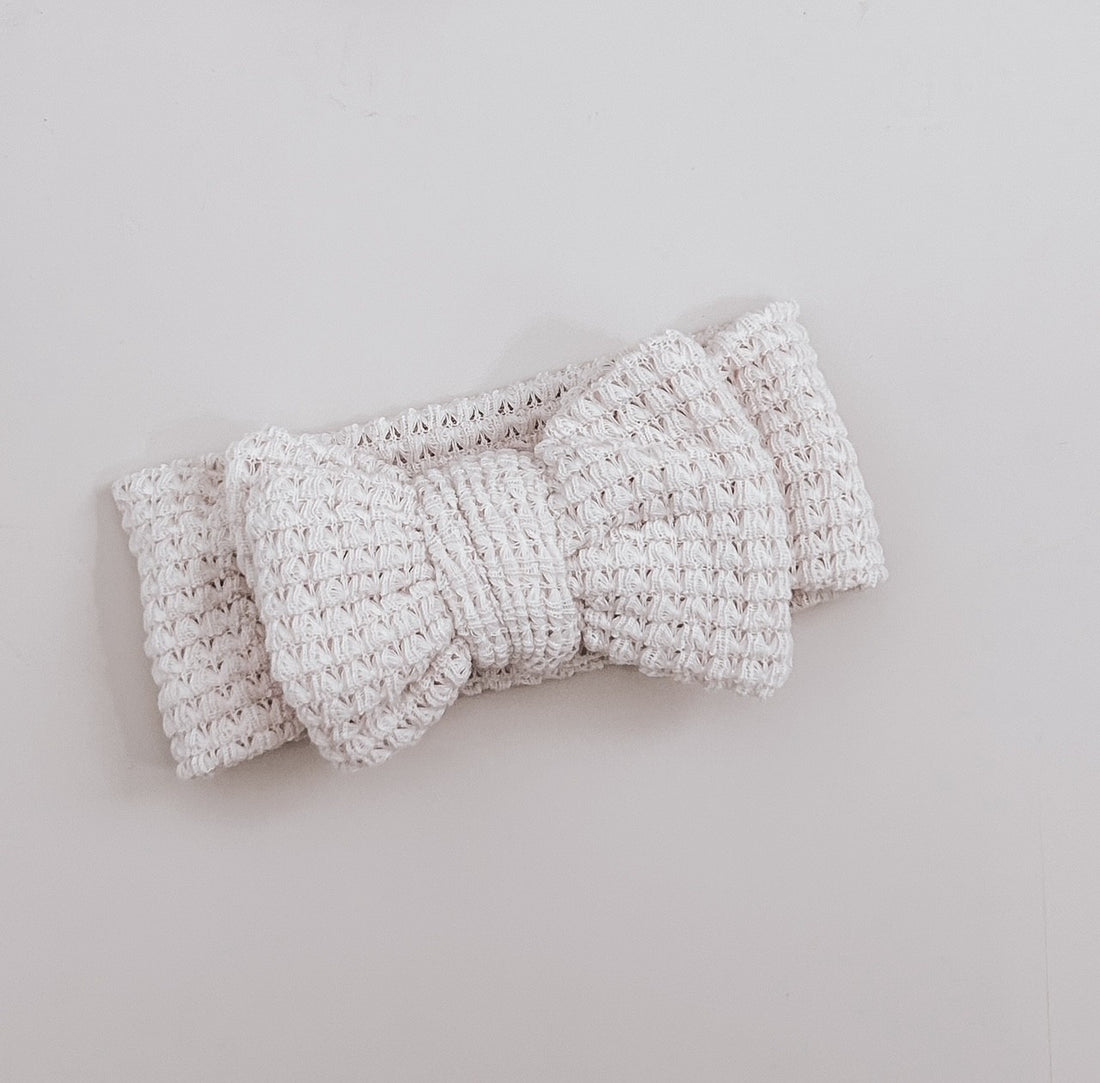 ELISSA WAFFLE KNIT BOW HEADBAND - BONE