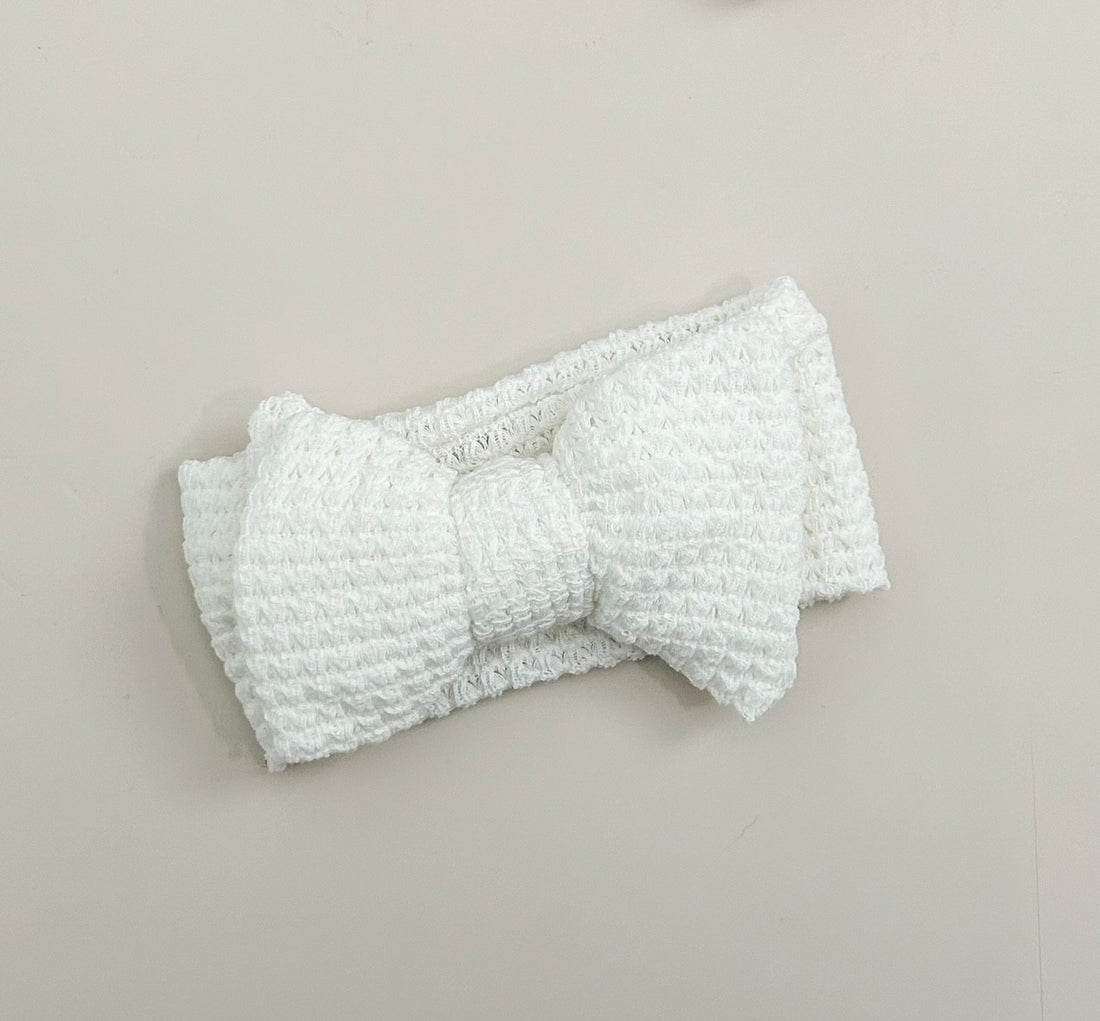 ELISSA WAFFLE KNIT BOW HEADBAND - WHITE