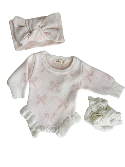 KNIT OVERSIZED TOPKNOT - MILK + BABY PINK BOWS