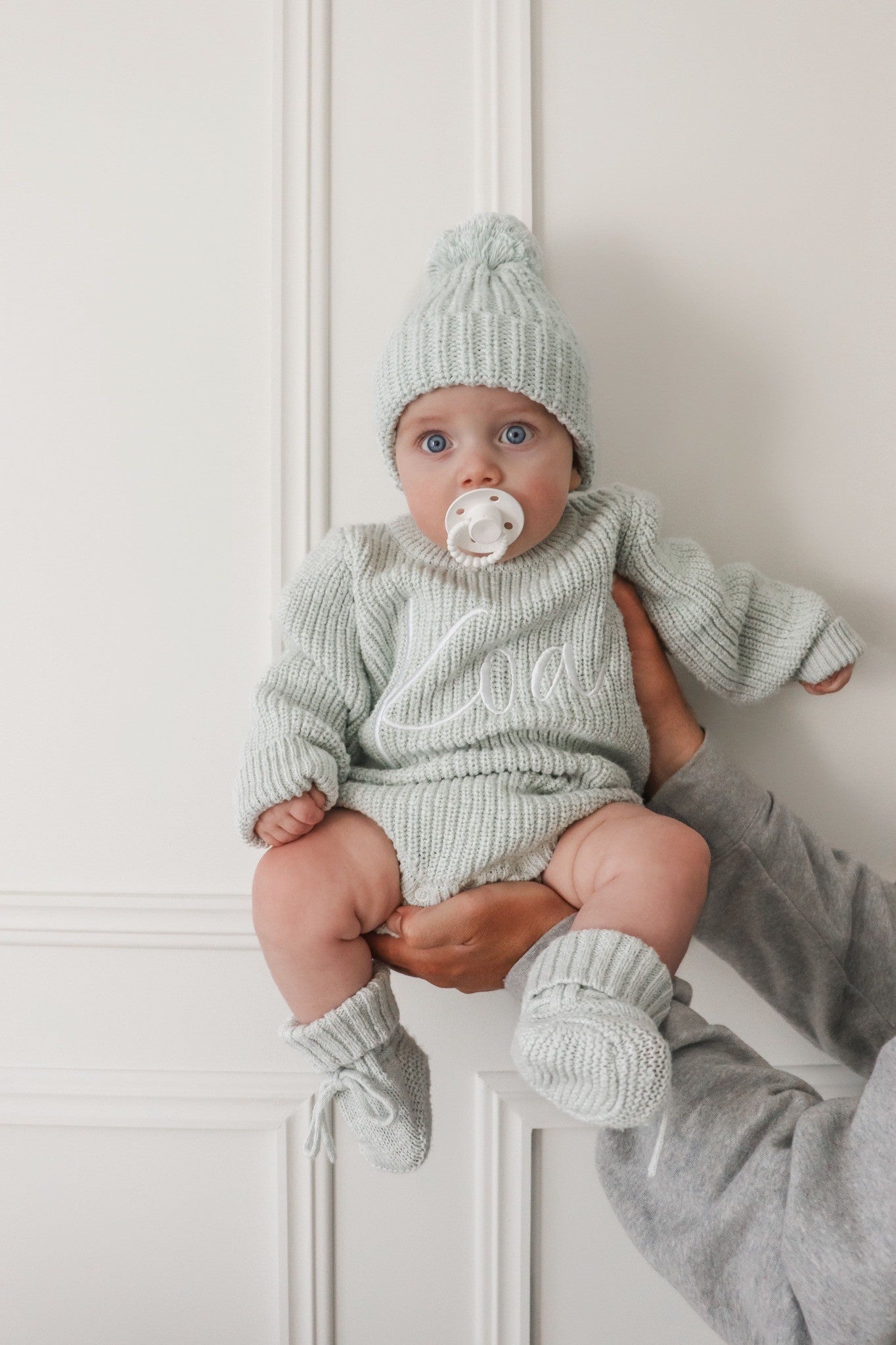 CHUNKY TEXTURED KNIT ROMPER | SEA MIST