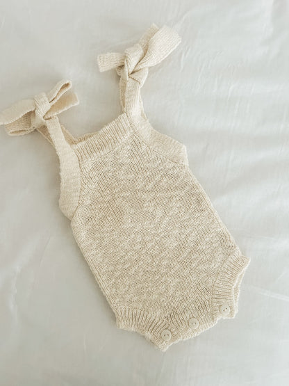 TEXTURED COTTON TIE ROMPER - SAND