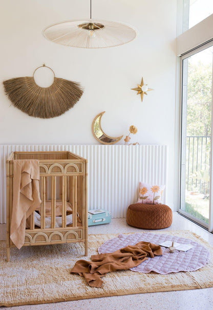 Gender neutral nursery with sacred bundle rattan cot, play mat and linen Swaddle blanket - Clay - Petite Co au