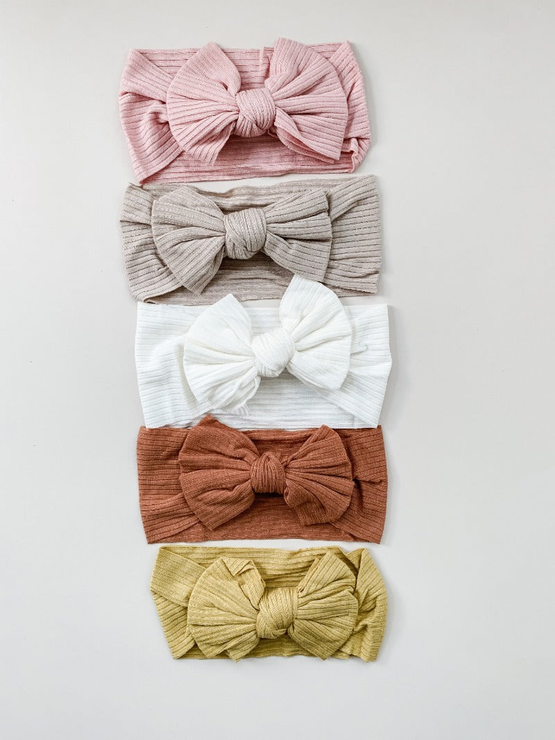 RIBBED COTTON KNOTTED BOW HEADBAND - TAUPE