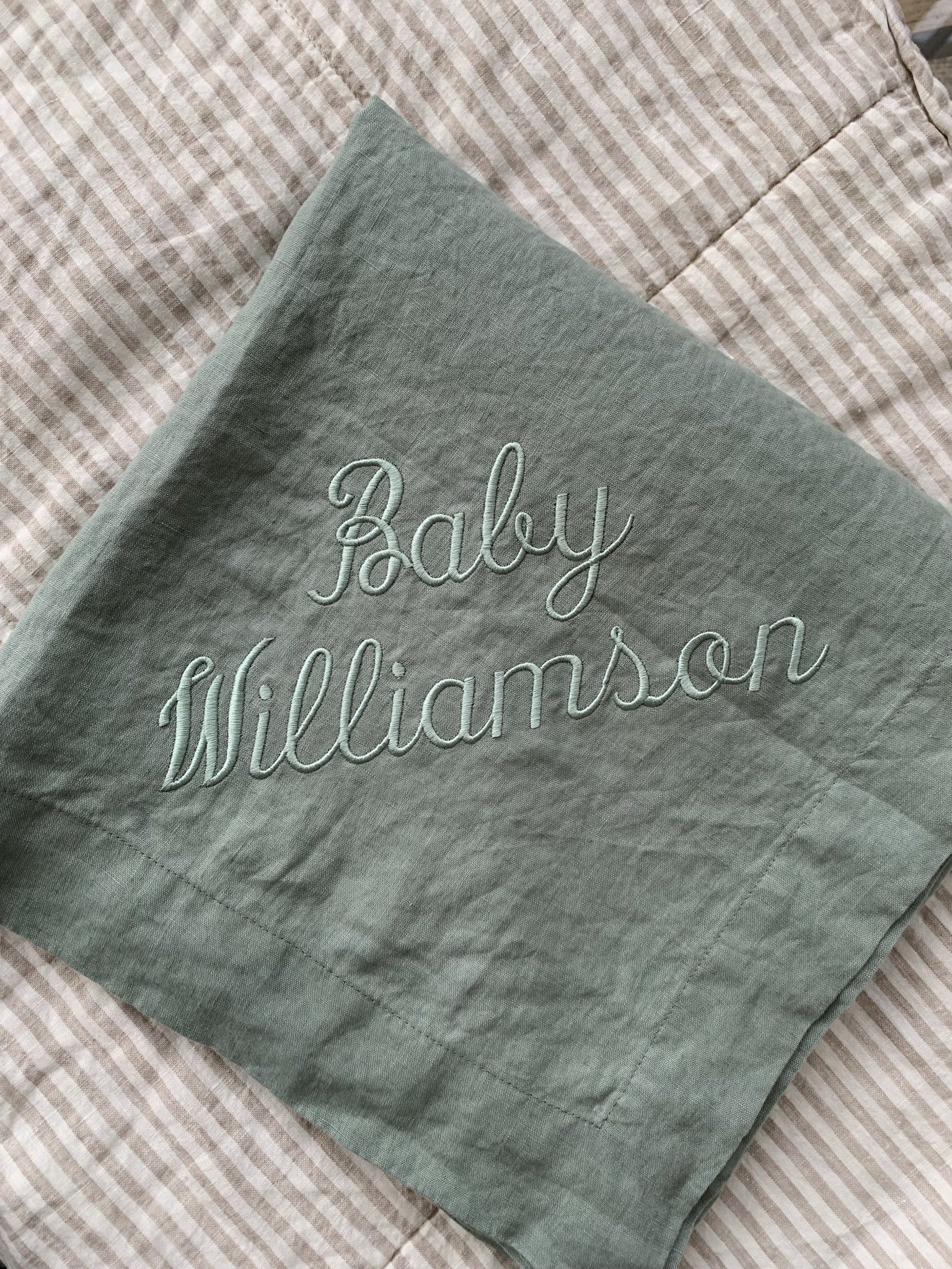 personalised linen newborn baby blanket green custom made Australia 